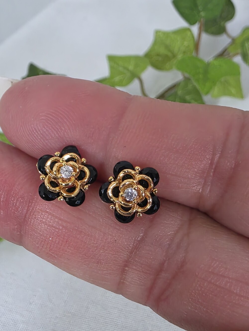 ​Gold Filled Black Flower Stud Earrings with Crystal Detail